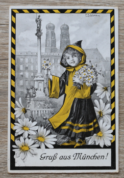 AK Gruss aus München / 1911 / Münchner Kindl / Künstler Karte E Schlemo / Margeriten Blumen / Frauenkriche Marienplatz